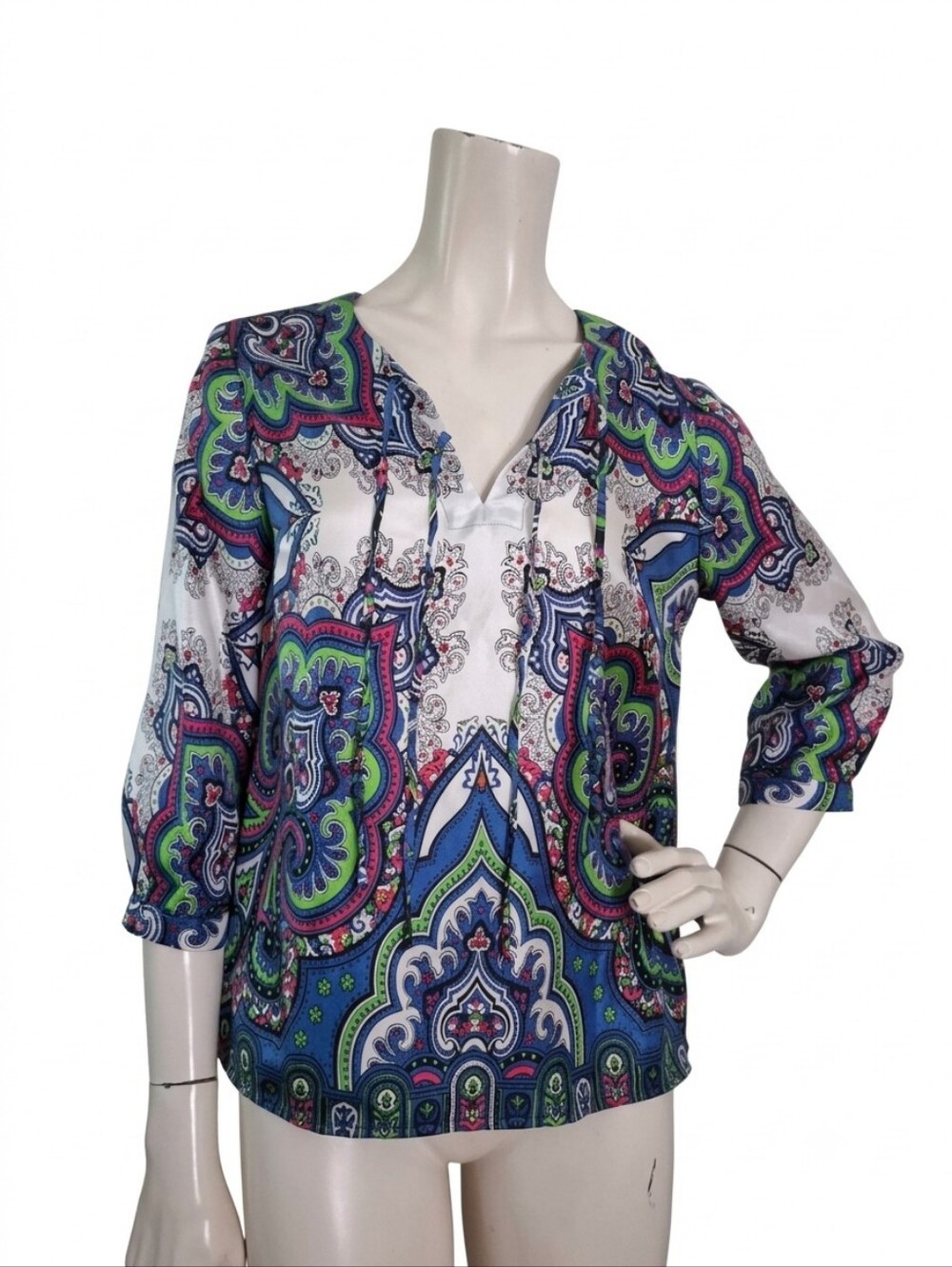 Talbots Paisley Mosaic Silk Blouse 3/4 Sleeve Tie Neck Multicolor Women's 4p NEW
